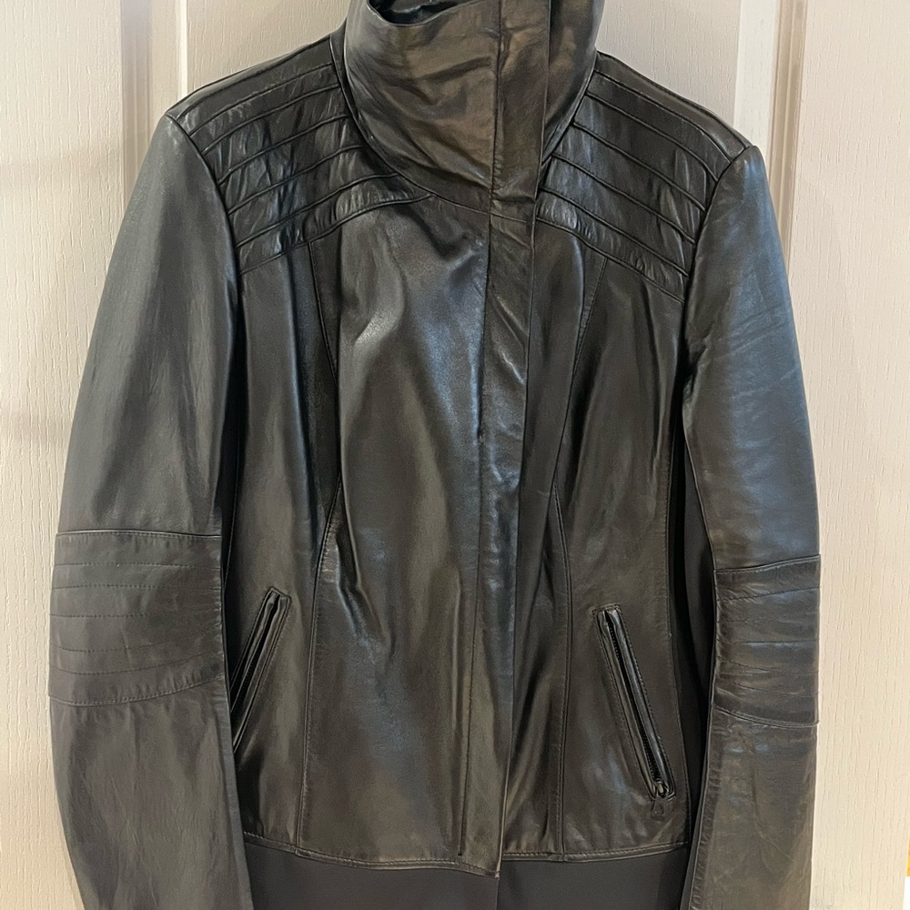 RUDSAK Black Leather Jacket with Quilted Panels and Stand-Up Collar